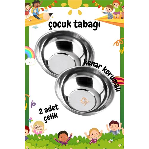 Derin Çocuk Tabağı Güvenli Kenarlı Çelik 2 Adet 16 cm