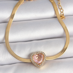 316L Çelik Gold Renk İtalyan Zincir Pembe Zirkon Taşlı Kalp Model Kadın Bileklik