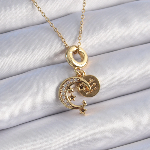 316L Çelik Gold Renk Zirkon Taşlı Ay Yıldız Model Charm Model Kadın Kolye