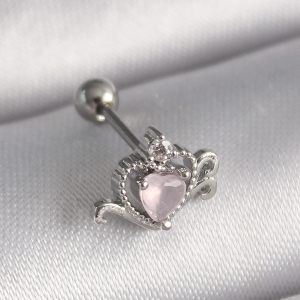 316L Çelik Gümüş Renk Pembe Mineli Kalp Zirkon Taş Detay Tragus Piercing