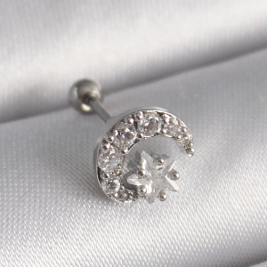316L Çelik Gümüş Renk Zirkon Taşlı Ay Yıldız Tragus Piercing