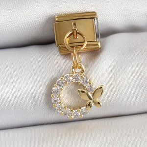 316L Çelik Sallantılı Zirkon Taşlı Kelebek Detaylı Halka Model Gold Renk Nomination Charm