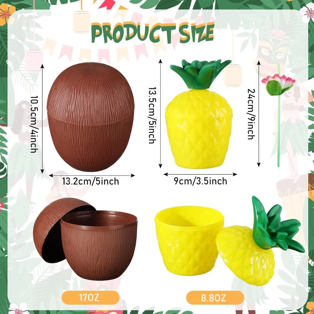 Ananas&Hindistan Cevizi Tasarımlı Pipetli Bardak Seti (6 Adet)