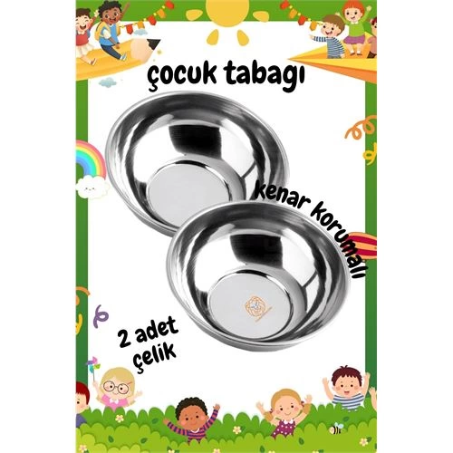 Derin Çocuk Tabağı Güvenli Kenarlı Çelik 2 Adet 16 cm