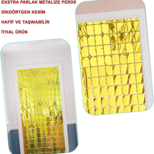 Ekstra Metalize Altın Renk Disko Dikdörtgen Kesim Kapı Perdesi Dekorasyon 1x2 Metre