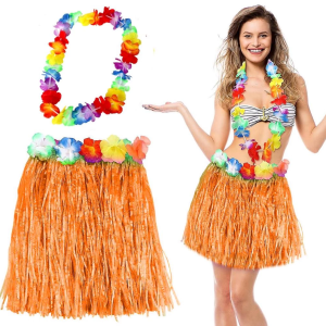 Hawaii Luau Aloha Turuncu Püsküllü 40 cm Etek ve Hawaii Kolye Seti