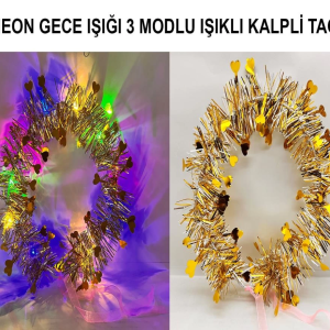 Kalp Püsküllü Gece Parıltısı 3 Modlu LED li Işıklı Taç Altın Renk