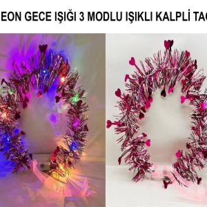 Kalp Püsküllü Gece Parıltısı 3 Modlu LED li Işıklı Taç Fuşya Renk