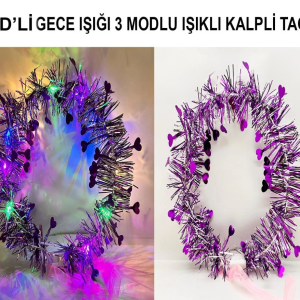 Kalp Püsküllü Gece Parıltısı 3 Modlu LED li Işıklı Taç Mor Renk