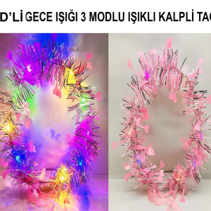 Kalp Püsküllü Gece Parıltısı 3 Modlu LED li Işıklı Taç Pembe Renk