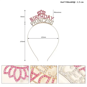 Kristal Taşlı Pembe Birthday Princess Yazılı Parti Tacı 19x11 cm