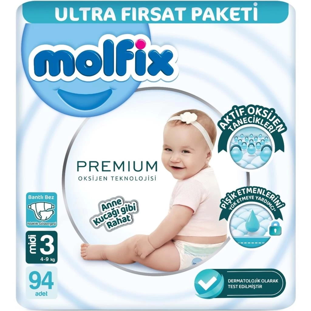 Premium Bebek Bezi Ultra Fırsat Paketi 3 Beden 4-9 Kg 94 Adet