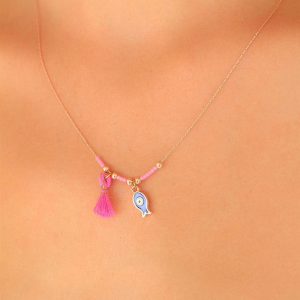 Nazar Boncuklu Pembe Renk Taşlı Rose Bayan Kolye