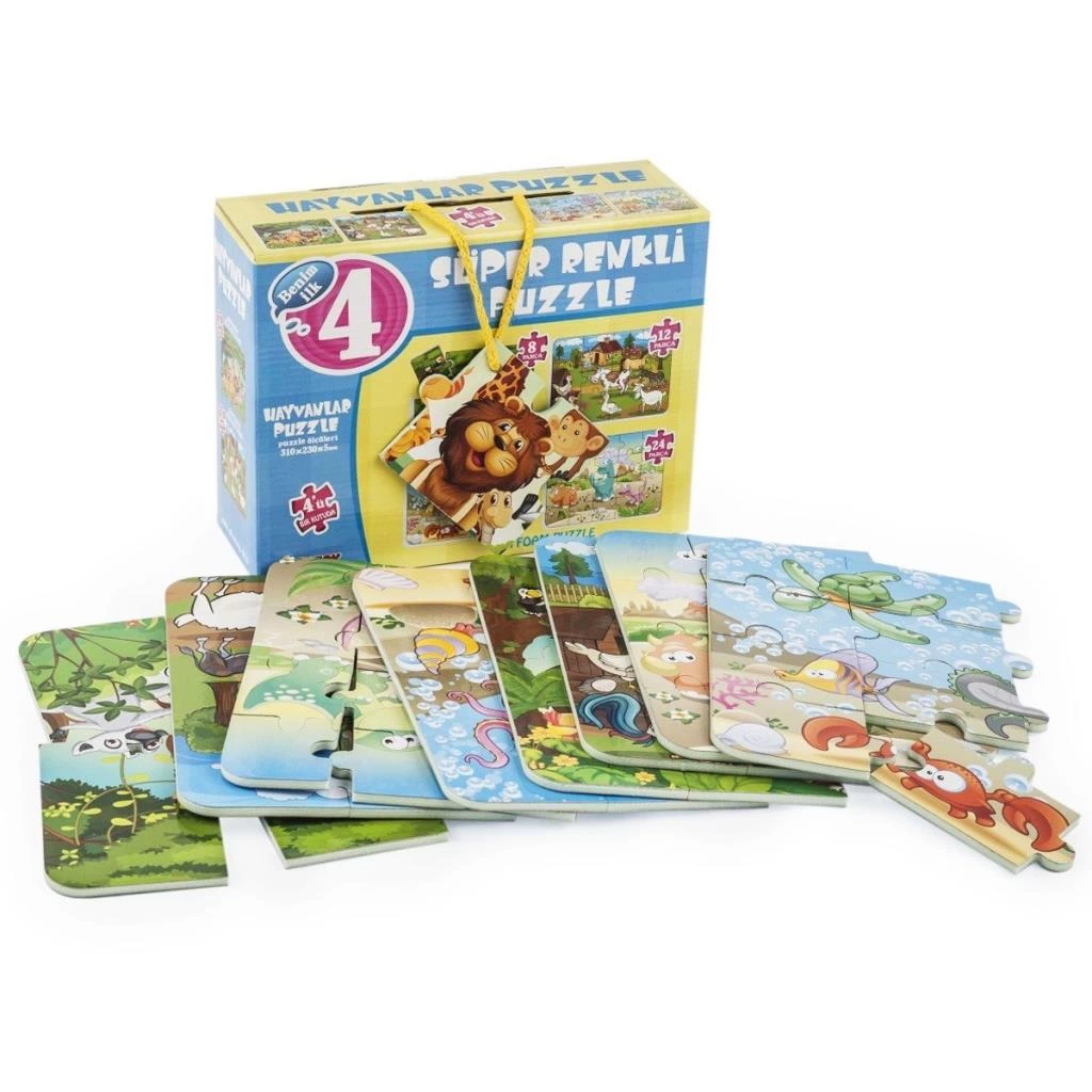 1481 Süper Renkli 4'lü Puzzle - Hayvanlar / 8+12+16+24 Parça Puzzle