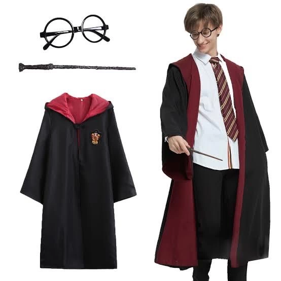 Pttr Gryffindor Kapişonlu Çocuk Kostüm + Asa + Gözlük Seti 9-10 Yaş