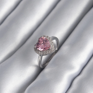 Pirinç Gümüş Renk Pembe Zirkon Taş Kalp Charm Model Kadın Yüzük