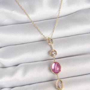 Pirinç Zincir Gold Renk Pembe Zirkon Taşlı Y Kolye