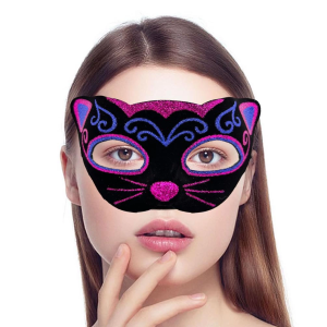 Siyah Kadife Kaplama Üzeri Pembe Mavi Sim İşlemeli Kedi Maskesi 20x13 cm