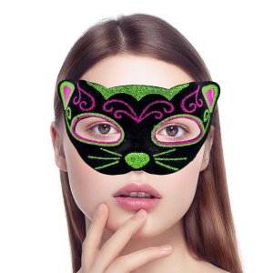 Siyah Kadife Kaplama Üzeri Pembe Yeşil Sim İşlemeli Kedi Maskesi 20x13 cm
