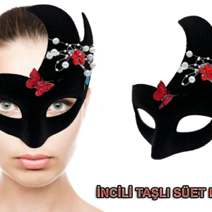 Siyah Renk İncili Taşlı Süet Kaplama Venedik Parti Maskesi 20x22 cm