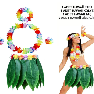 Yetişkin Hawaii Kostüm Seti - Yaprak Etek ve Aksesuar Seti- 5 Parça