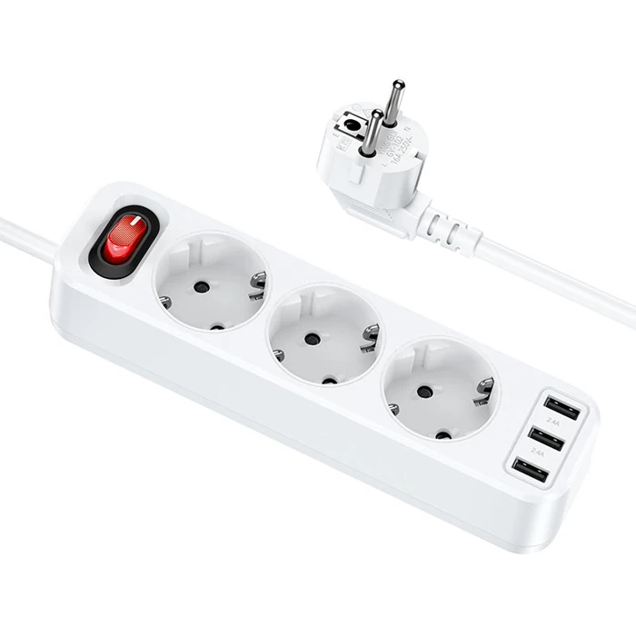 HOCO NS2 3'lü Priz 3 USB 4000W 1.8 Metre Şarj Uzatma Kablosu Akım Korumalı