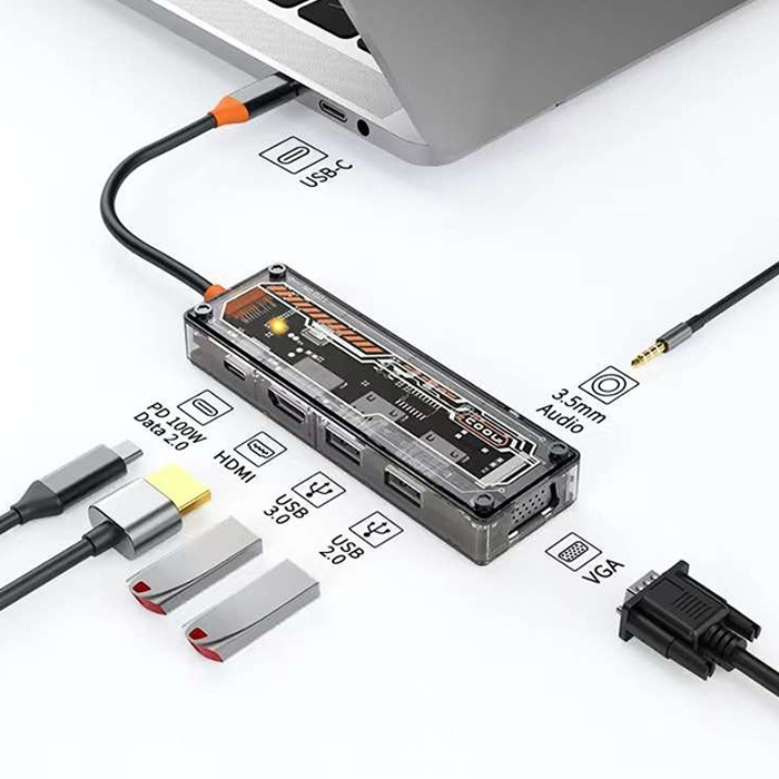 ALLY 6in1 Type-c To USB3.0 + USB2.0 + Type-c PD 100W + HDMI + VGA + 3.5mm Çoğaltıc Transparanı Hub