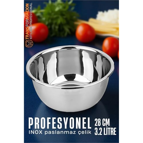 HSNET Inox Kase - 28 Cm 3.2 Litre Karıştırma Kabı Profesyonel 304 Paslanmaz Çelik