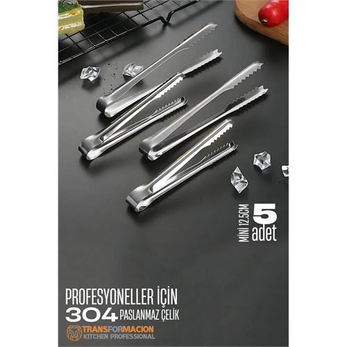 Mini 12.5 cm Buz Maşası - Şeker Limon Maşası Kokteyl Servis Maşası 5 li PAKET 304 Paslanmaz Çelik 721753