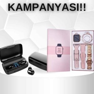 Wireless Şarjlı Pembe Akıllı Saat ve Kablosuz Bluetooth Kulaklık Dokunmatik Kontrol