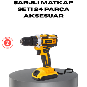Çift Bataryalı Darbeli Şarjlı Matkap Seti – Metal Dişli 24 Parça Aksesuar ve LED Işıklı