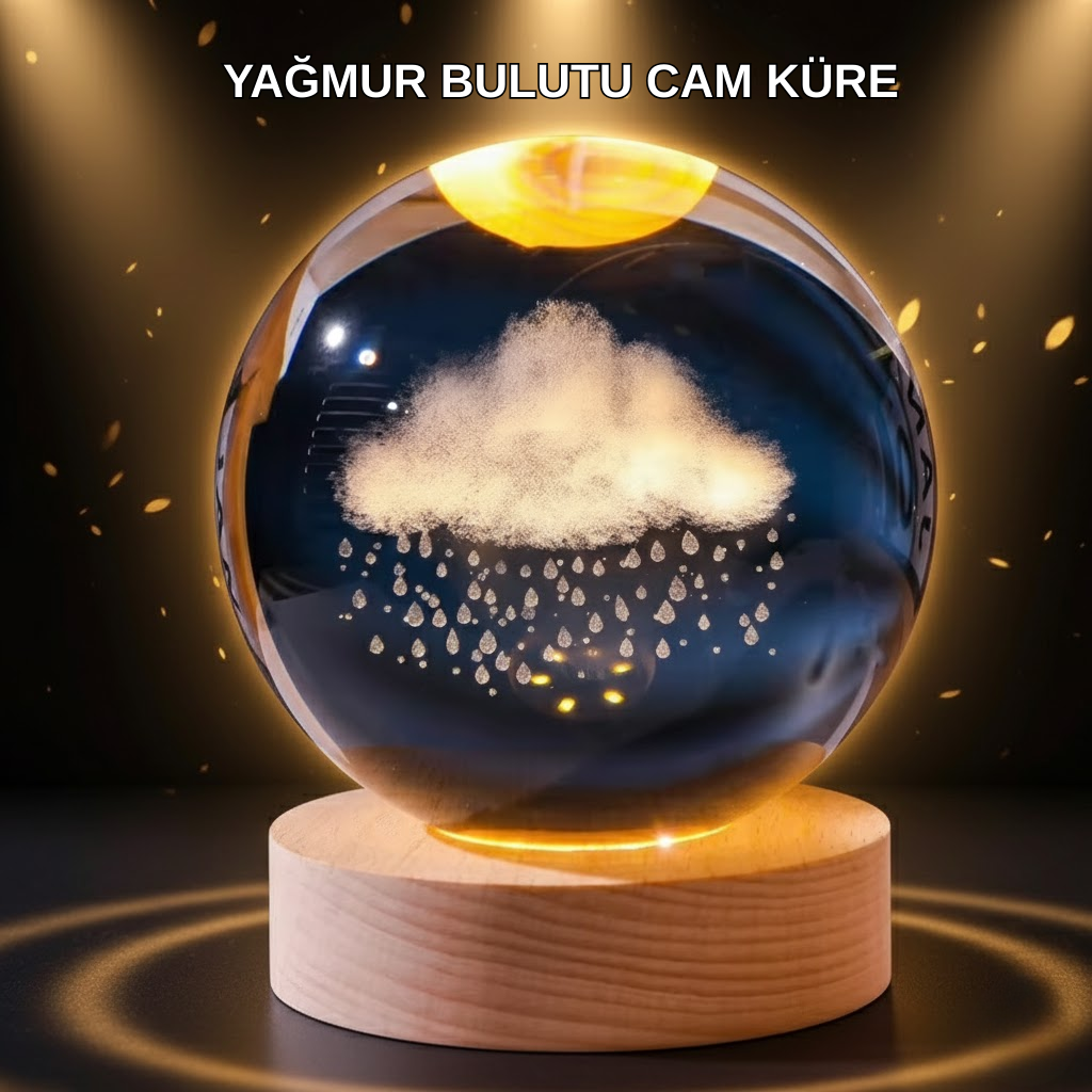 LED Sıcak Işıklı 3D Bulut Figürlü Kristal Küre Ahşap Standlı Gece Lambası