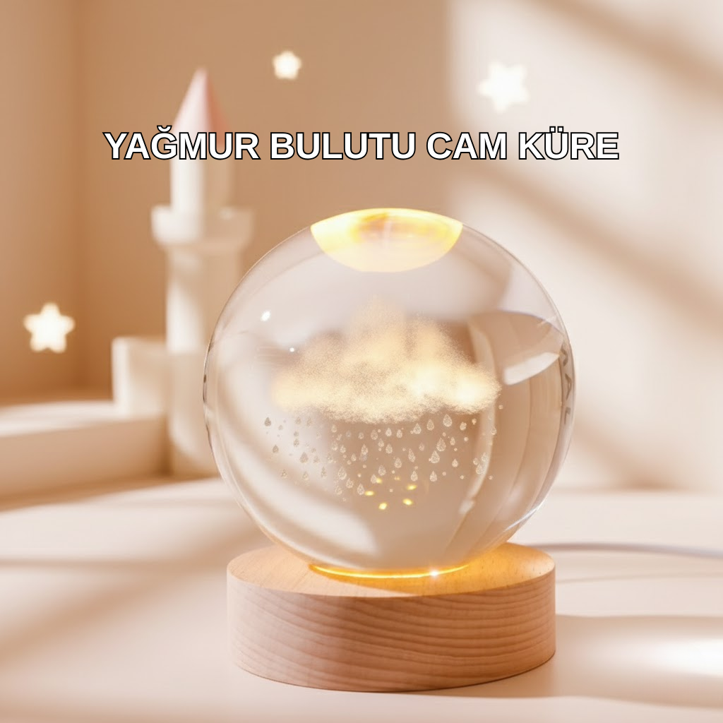 3D Yağmur Bulutu Desenli Kristal Top USB Gece Lambası Ahşap Tabanlı Dekoratif Lamba