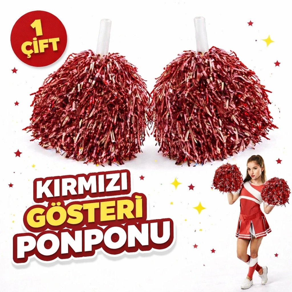 1 Çift ( 2 Adet ) Kırmızı Renk 23 Nisan 19 Mayıs 29 Ekim Okul Gösteri Ponponları