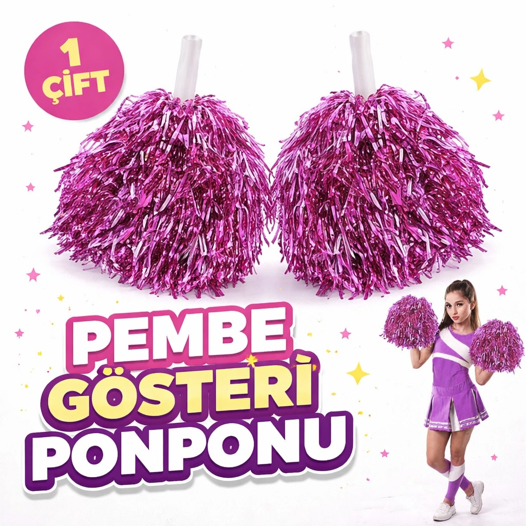 1 Çift ( 2 Adet ) Pembe Renk 23 Nisan 19 Mayıs 29 Ekim Okul Gösteri Ponponları Ekstra Dolgun