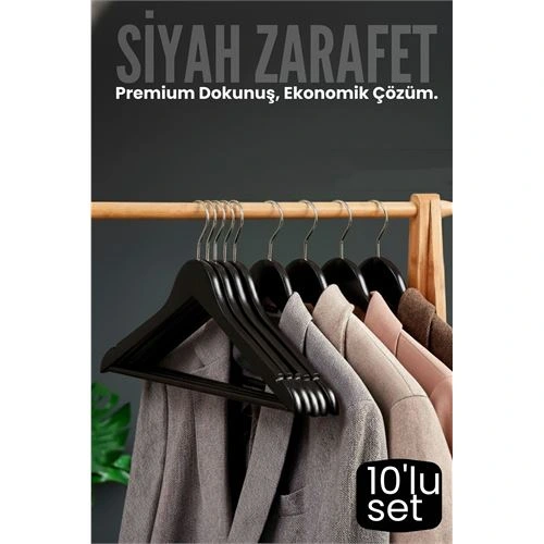 10'lu Lüks Siyah Elbise Ceket Askısı - Ergonomik & Kaymaz Plastik Askı Seti -  Ahşap Görünümlü 722535