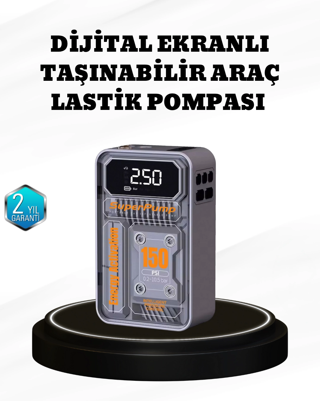 150 PSI Kablosuz Şarjlı Hava Pompası – LED Ekranlı ve Otomatik Kapanma Özellikli 1 150 PSI Kablosuz Şarjlı Hava Pompası – LED Ekranlı ve Otomatik Kapanma Özellikli
