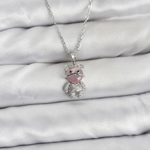 316L Çelik Zincir Gümüş Renk Teddy Bear Model Zirkon Taşlı Kadın Kolye