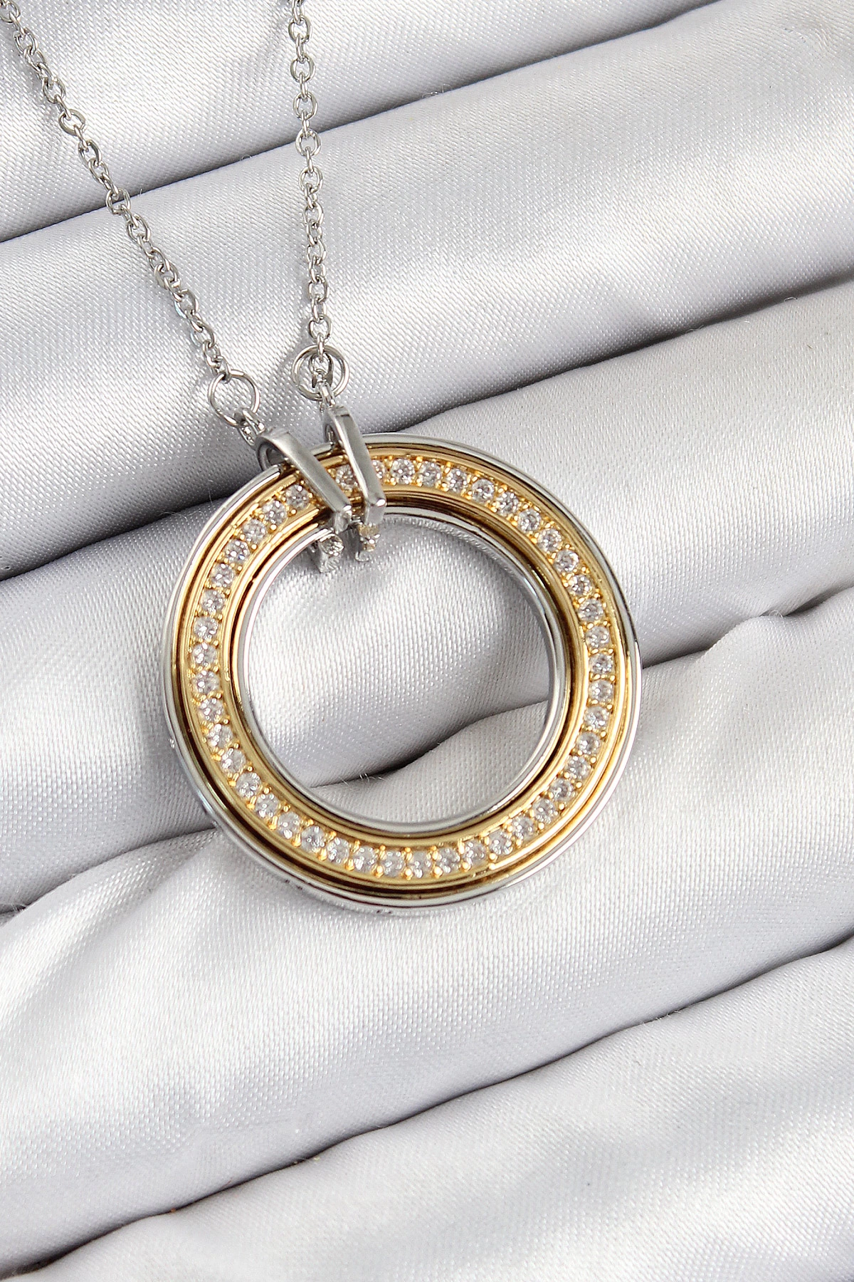316L Çelik Zirkon Taşlı Dönen Daire Model Gold Ve Gümüş Renk Kadın Kolye 1 316L Çelik Zirkon Taşlı Dönen Daire Model Gold Ve Gümüş Renk Kadın Kolye