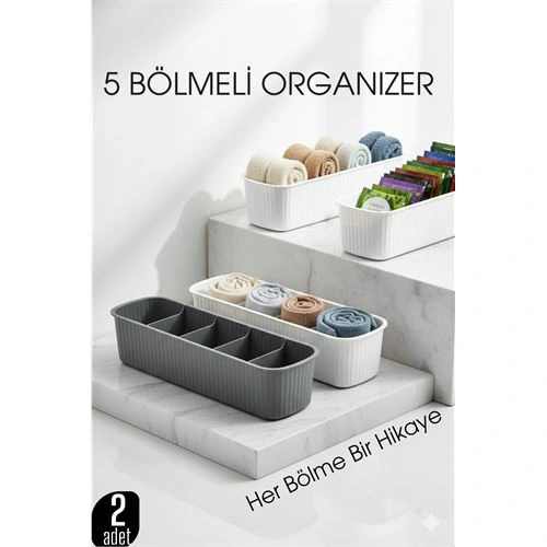 5 Bölmeli Dolap ve Çekmece İçi 2’li Set Organizer Kutusu (Gri & Beyaz) 722440