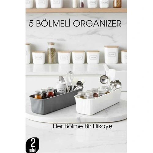 5 Bölmeli Mutfak Organizer Kutusu Gri & Beyaz 2’li Set  Baharat ve Gereç Düzenleyici  722441
