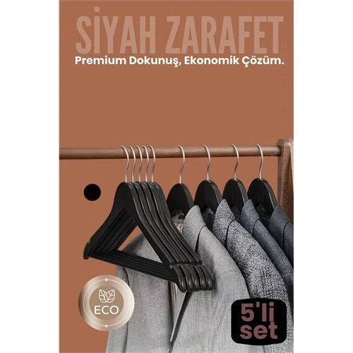 5'li Lüks Siyah Elbise Ceket Askısı - Ergonomik & Kaymaz Plastik Askı Seti -  Ahşap Görünümlü 722532