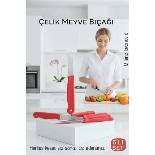 6'lı Premium Paslanmaz Çelik Meyve Bıçağı Seti - Kırmızı Saplı Keskin Soyma Bıçağı Takımı 722577