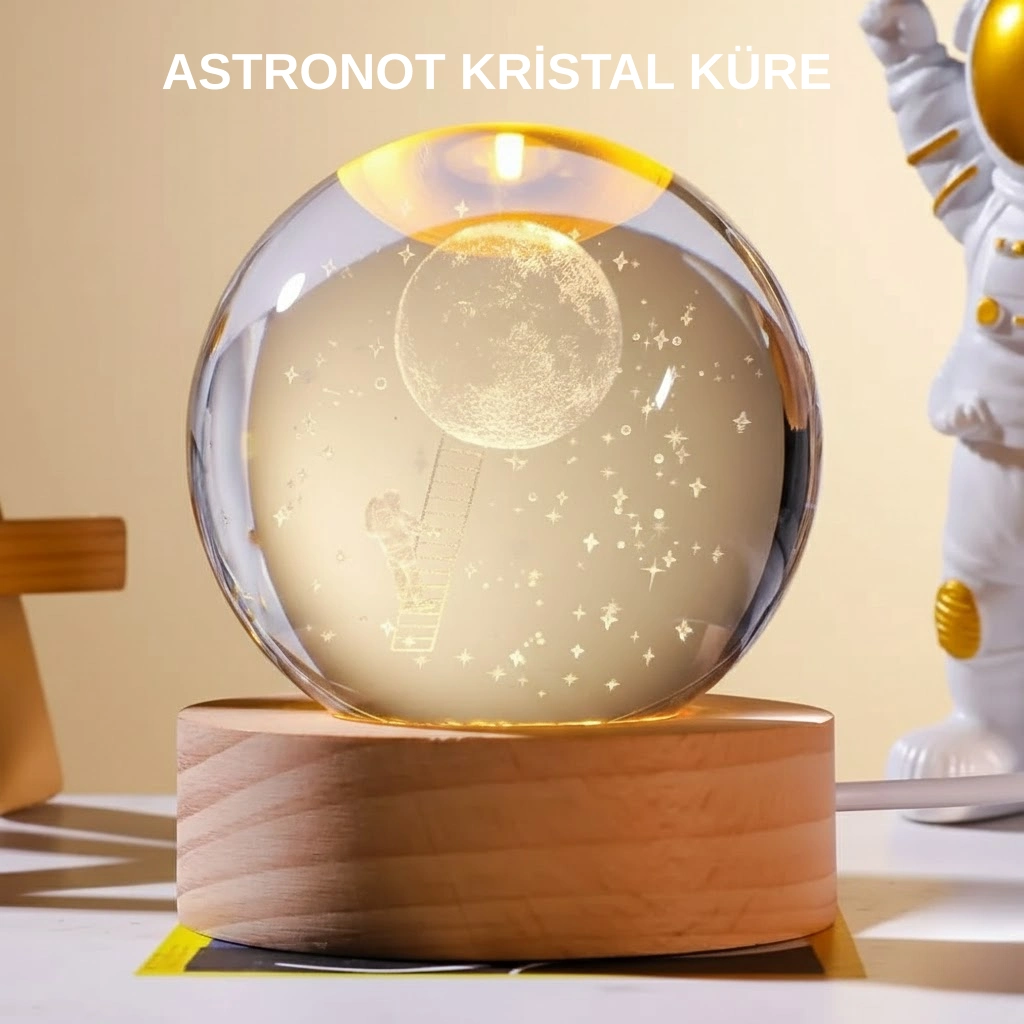 Ahşap Tabanlı 3D Astronot Küre Lamba Çocuk Odası ve Masa Üstü Dekor