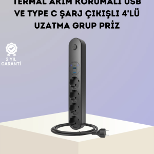 Akım Korumalı Çoklu Priz 4’lü 2 USB 1 Type-C 2500W Güçlü Tasarım