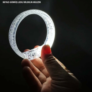 Beyaz-Gümüş Led Işıklı Baskı Yapılabilen Pilli Bileklik Bilezik 1,5 cm Genişlik