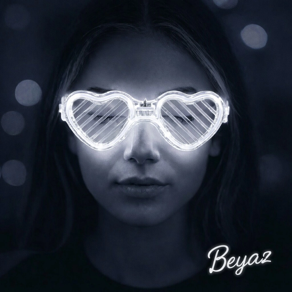 Beyaz LED Işıklı Kalp Gözlük – 3 Modlu Parti & Glow Gözlüğü
