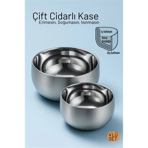 Çift Cidarlı Isı Yalıtımlı 4'lü Lüks Kase Seti (16cm & 18cm) Premium 304 Paslanmaz Çelik 722668