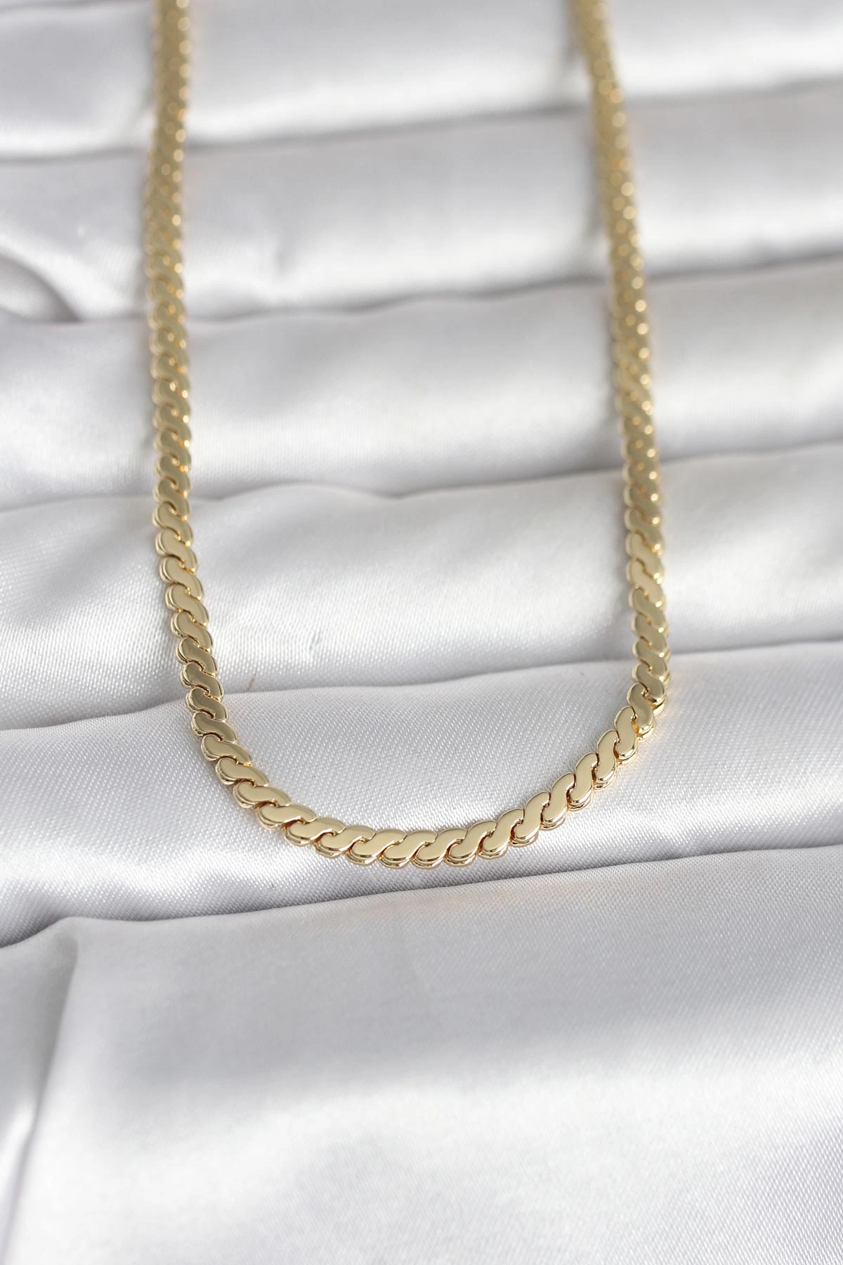 CM 14K Gold Renk Yassı Ezme Zincir Model 60 cm Kadın Kolye