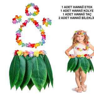 Çocuk Hawaii Kostüm Seti - Yaprak Etek & Hawaii Set - 5 Parça